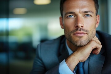 Obraz premium A close-up of a man's face wearing a suit and tie, suitable for business or formal occasions