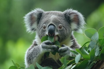Naklejka premium Adorable koala enjoying eucalyptus leaves in lush forest