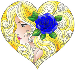 A stained glass illustration with a portrait of a girl with bright hair and a heart-shaped rose