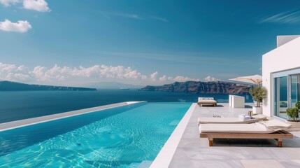 Fototapeta premium A large pool with a white umbrella and a white house in the background