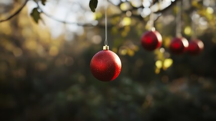 Obraz premium Red Christmas ornaments hang from an autumn tree branch