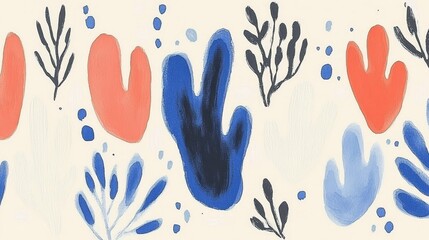 Abstract Watercolor Botanical Seamless Pattern Design Coral Blue Leaves Branches Trendy Background Textile Print