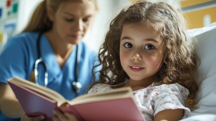 A young girl sits in a hospital bed, engrossed in a book