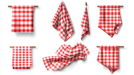Obraz premium Set of red checkered towels folded, hanging and top view isolated on white background. Realistic vector illustration of napkin, cozy kitchen interior design element, home textile for domestic use