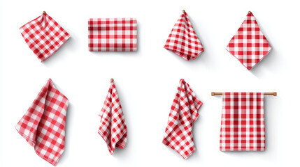 Fototapeta premium Set of red checkered towels folded, hanging and top view isolated on white background. Realistic vector illustration of napkin, cozy kitchen interior design element, home textile for domestic use