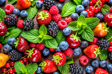 Brightly colored berries scattered among fresh mint sprigs. AI Generative