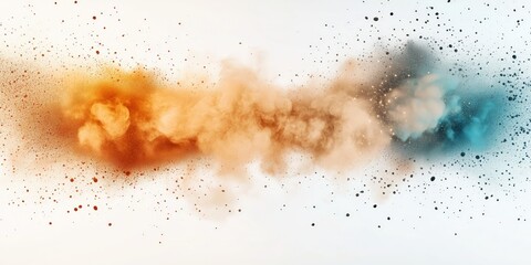 Abstract Explosion of Orange Blue Powder Dynamic Splatter Effect, Dust Cloud, Vibrant Motion on White Background Banner Wallpaper