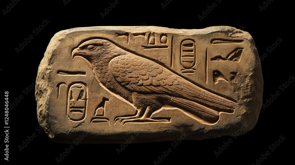 Aufkleber stone board or clay tablet with falcon headed god and egyptian hieroglyphs cartoon vector illustrati