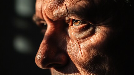 Obraz premium A man's face with an old, healed scar running diagonally across the forehead, emphasized by strong contrast lighting