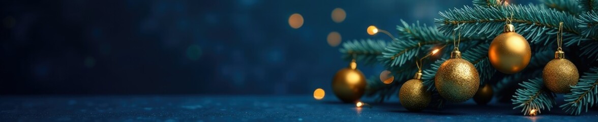 Decorated golden ornaments on a navy blue Christmas tree branch, Ornaments, Golden, Garland