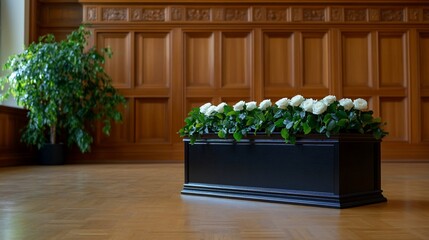 Funeral casket flowers wood room grief ceremony