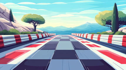 Top view of race car track with start and finish line. Vector cartoon illustration of straight road for auto rally competition with white grid pattern marking on asphalt