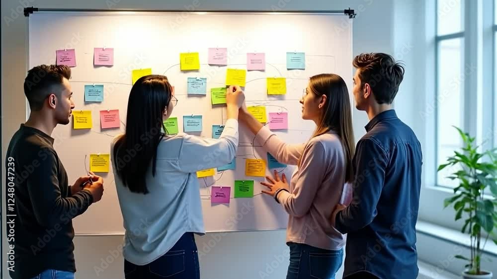 Poster brainstorming session: a vibrant group of business professionals engaged in an animated brainstormin