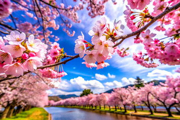 Cherry Blossoms at Kawaguchiko Lake, Japan, signaling the start of spring. Generative AI