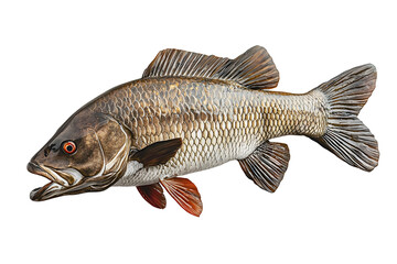 Obraz premium Asian seabass fish or Barramundi isolated on cut out PNG or transparent background (Lates calcarifer) is species of catadromous fish in family. Realistic animal fish clipart template pattern.