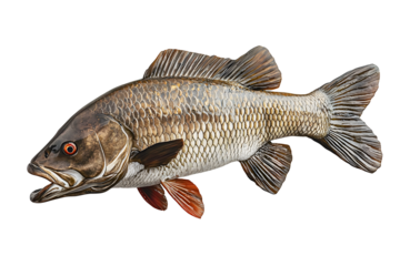 Asian seabass fish or Barramundi isolated on cut out PNG or transparent background (Lates calcarifer) is species of catadromous fish in family. Realistic animal fish clipart template pattern.