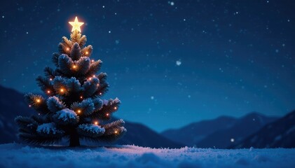 Naklejka premium Dark blue night sky with twinkling stars and a glowing evergreen tree top, star, winter, ornaments