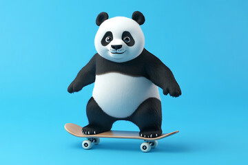 A cute panda character skating on a skateboard against a blue background.