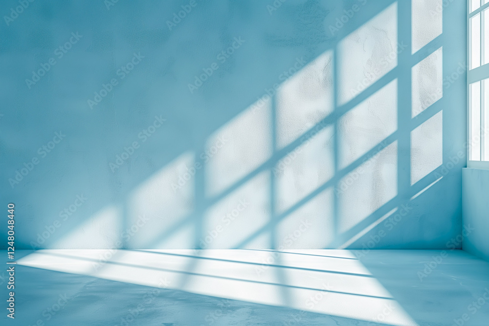 Poster minimal abstract light blue background for product presentation. shadow and light from windows on pl