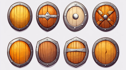 Obraz premium Medieval round shields icons for game design. Vector cartoon set of ancient circle wooden shields with steel frame for viking, knight and warrior armor isolated on background