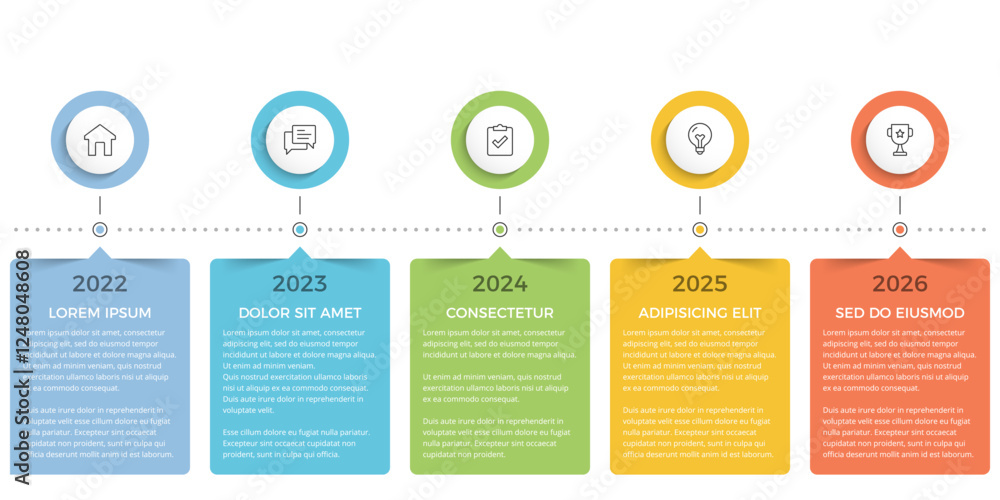 Poster timeline infographic template with five rectangular elements symbolizing events or milestones and fi
