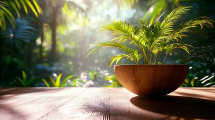 Obraz premium Serene Tropical Plant in Wooden Bowl: A Peaceful Garden Escape
