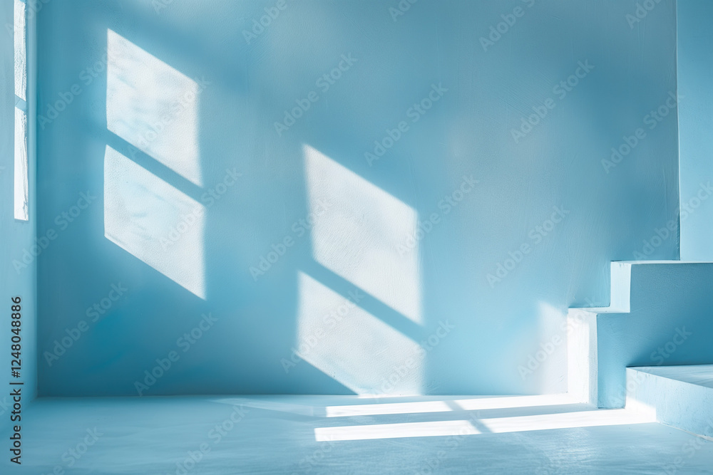 Poster minimal abstract light blue background for product presentation. shadow and light from windows on pl