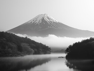 Fototapeta premium Dark forest and mountains, black and white foggy landscape