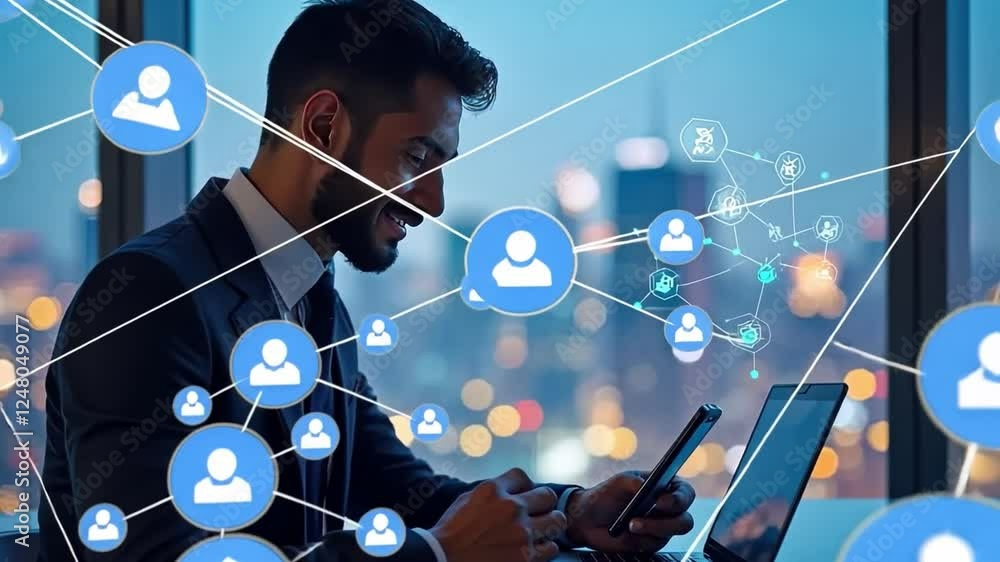 Aufkleber networking with technology: a man in a business suit, engaged in digital networking, using his lapto