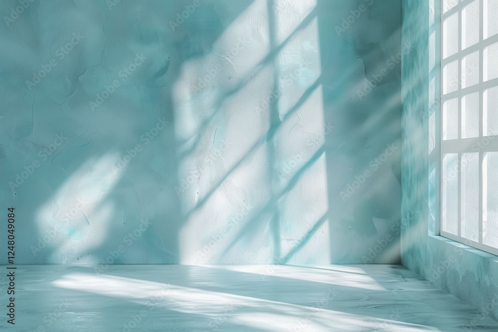 Poster minimal abstract light blue background for product presentation. shadow and light from windows on pl