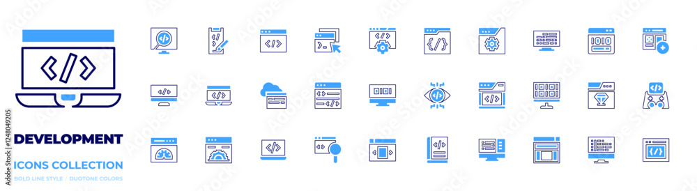 Wall mural development icon collection. bold line style. duotone colors. development, webdevelopment, code, cod
