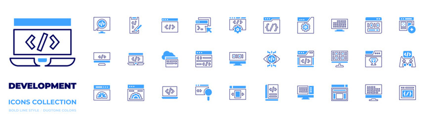 Development icon collection. Bold line style. Duotone colors. development, webdevelopment, code, coding, layout, css, view, book