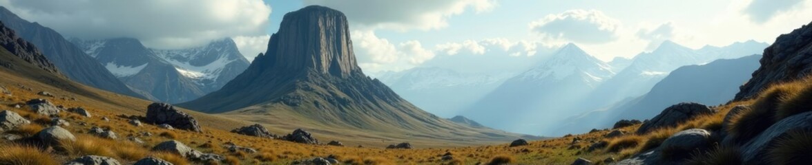 Fototapeta premium A towering monolith rises from the rugged terrain, wilderness, natural, solitary