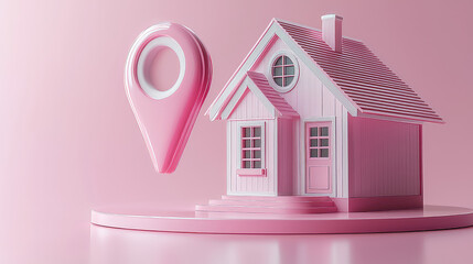Pink house model with location pin on pink background.