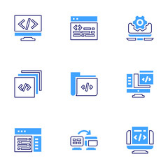 Development icon set. Bold line style. Duotone colors. Editable stroke. code, development, coding, binarycode, software, folder, backend