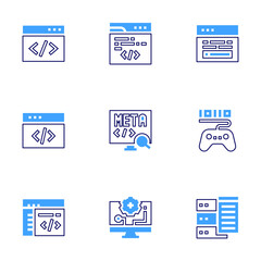 Development icon set. Bold line style. Duotone colors. Editable stroke. coding, programming, gamedevelopment, webdevelopment, development, code, meta, customcoding