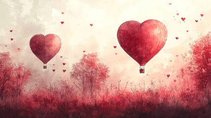 Hot air balloons in heart shapes over a dreamy landscape.