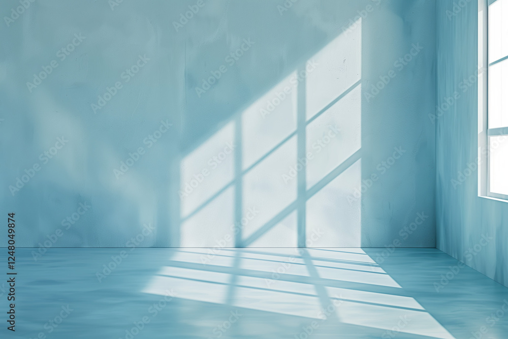 Poster minimal abstract light blue background for product presentation. shadow and light from windows on pl