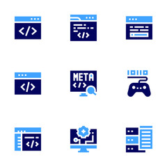 Development icon set. Bold style. Duotone colors. gamedevelopment, development, programming, code, meta, coding, customcoding