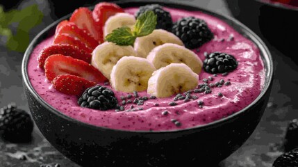 Berry smoothie bowl, fruit toppings, kitchen, healthy food, blog