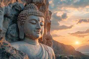 Fototapeta premium Serene Buddha statue sunset mountain cliff