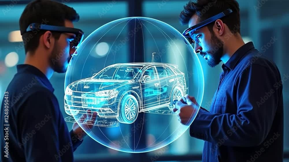 Poster future of automotive design: two engineers, immersed in augmented reality, collaborate to visualize 