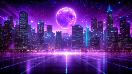 Obraz premium Futuristic Cityscape Underneath a Glowing Purple Moon Nighttime Metropolis Digital Art