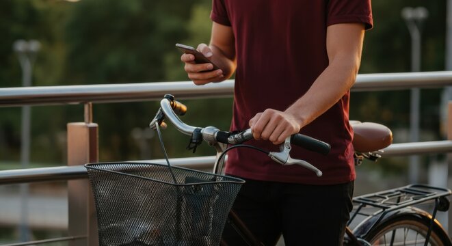 Young man using smartphone while standing next to his bicycle