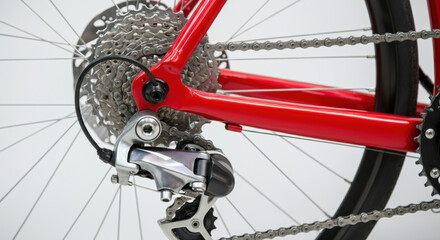 Close-up of a red bicycle gear system showcasing precision engineering