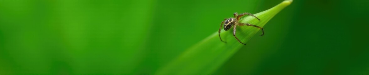 a single spider crawling up a large green leaf stem, spiders, botanicals, plants
