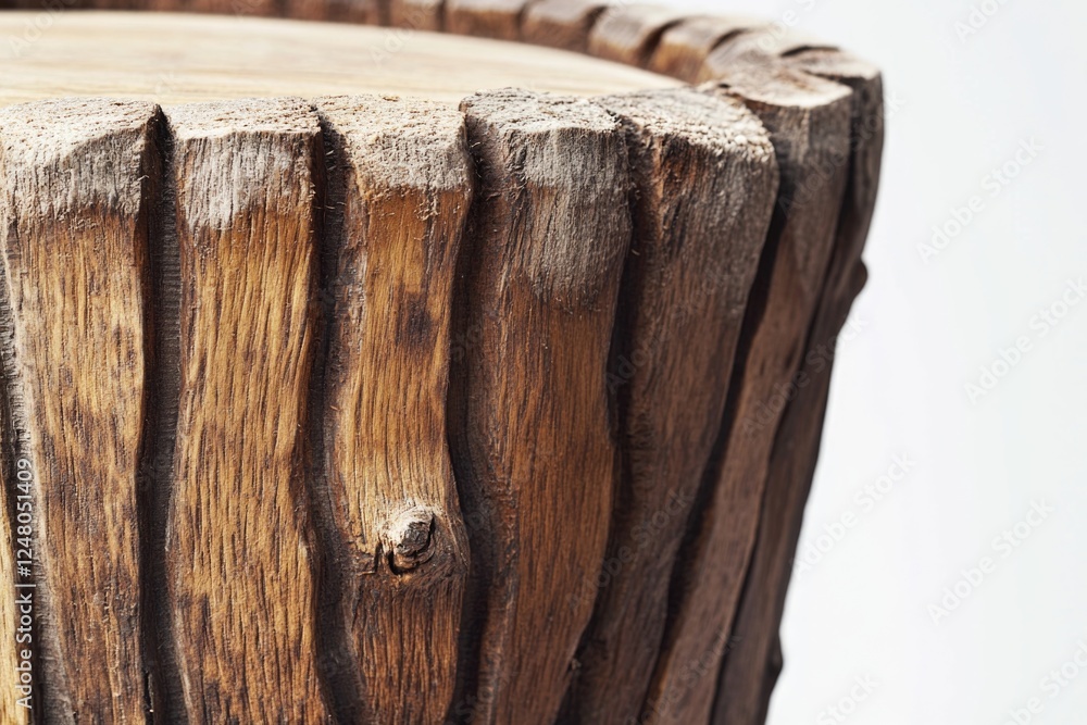 Poster a close-up view of a wooden object on a white background, suitable for use in various designs and la