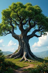 Obraz premium Ancient tree with weathered bark and gnarled branches stretching towards the sky, bark, landscape