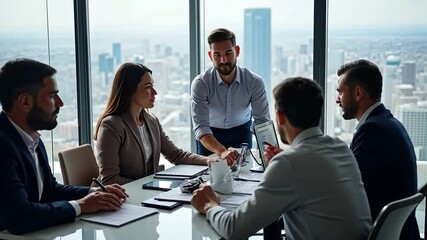 Strategic Planning in the Sky: A team of business professionals gather around a glass table in a modern office with panoramic city views, engaged in a focused discussion.