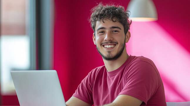 shot photo of a developer working with his laptop in an red/pink office, smile on camera, red t-shirt 